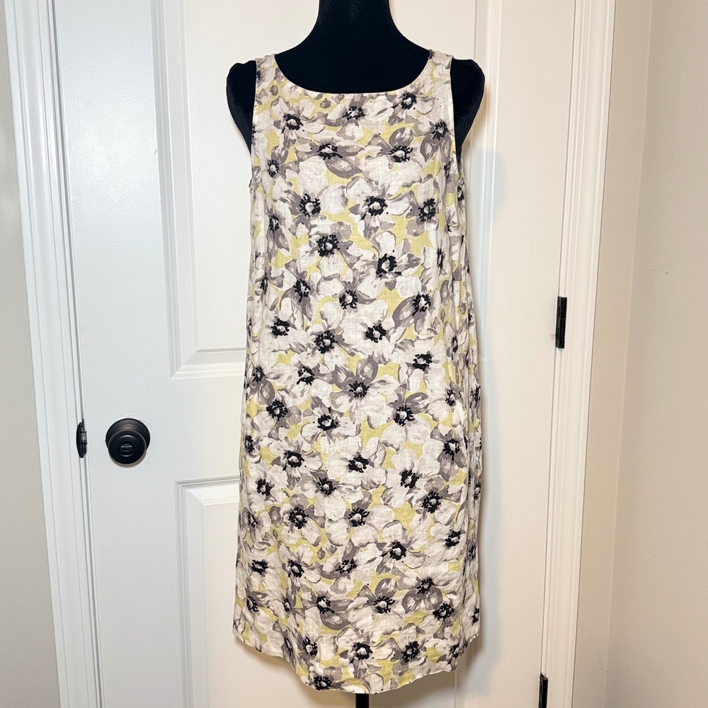 J. Jill Love Linen Floral Sleeveless Shift Dress Yellow Grey XS Petite Casual